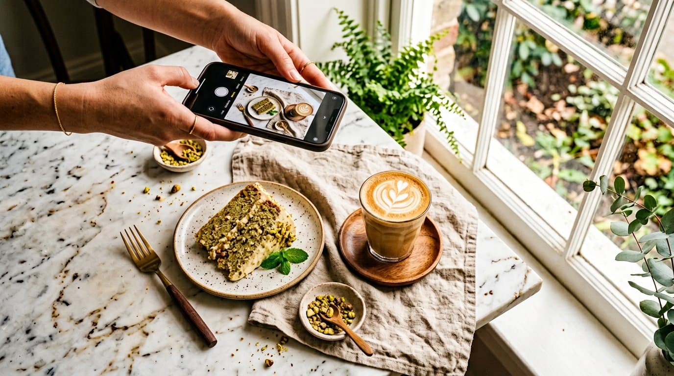 عکاسی ساده از دسر و نوشیدنی با نور طبیعی