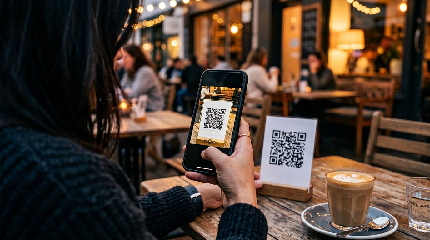 مهمان با دوربین گوشی کد QR روی میز را اسکن میکند